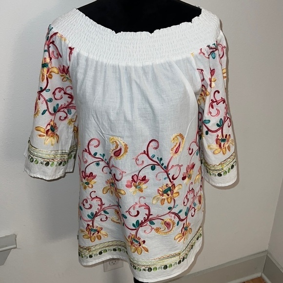 South Main color embroidered Boho white top cotton blouse Sz S - Picture 1 of 9